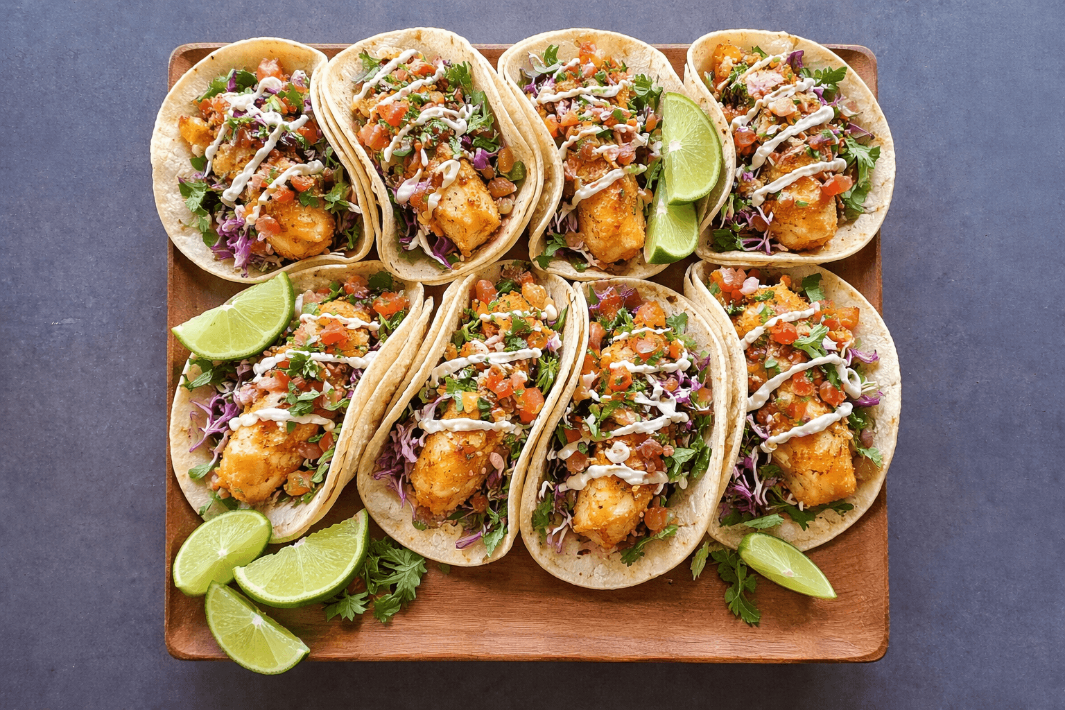 Overhead view of a baja fish taco platter with limes and toppings