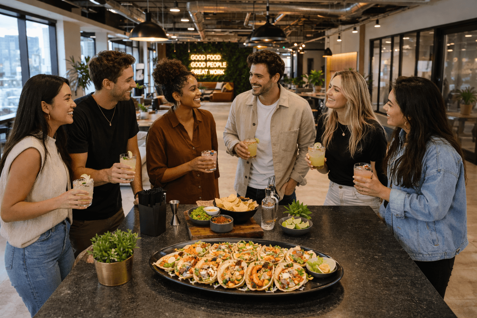 Team enjoying tacos and margaritas at an office party