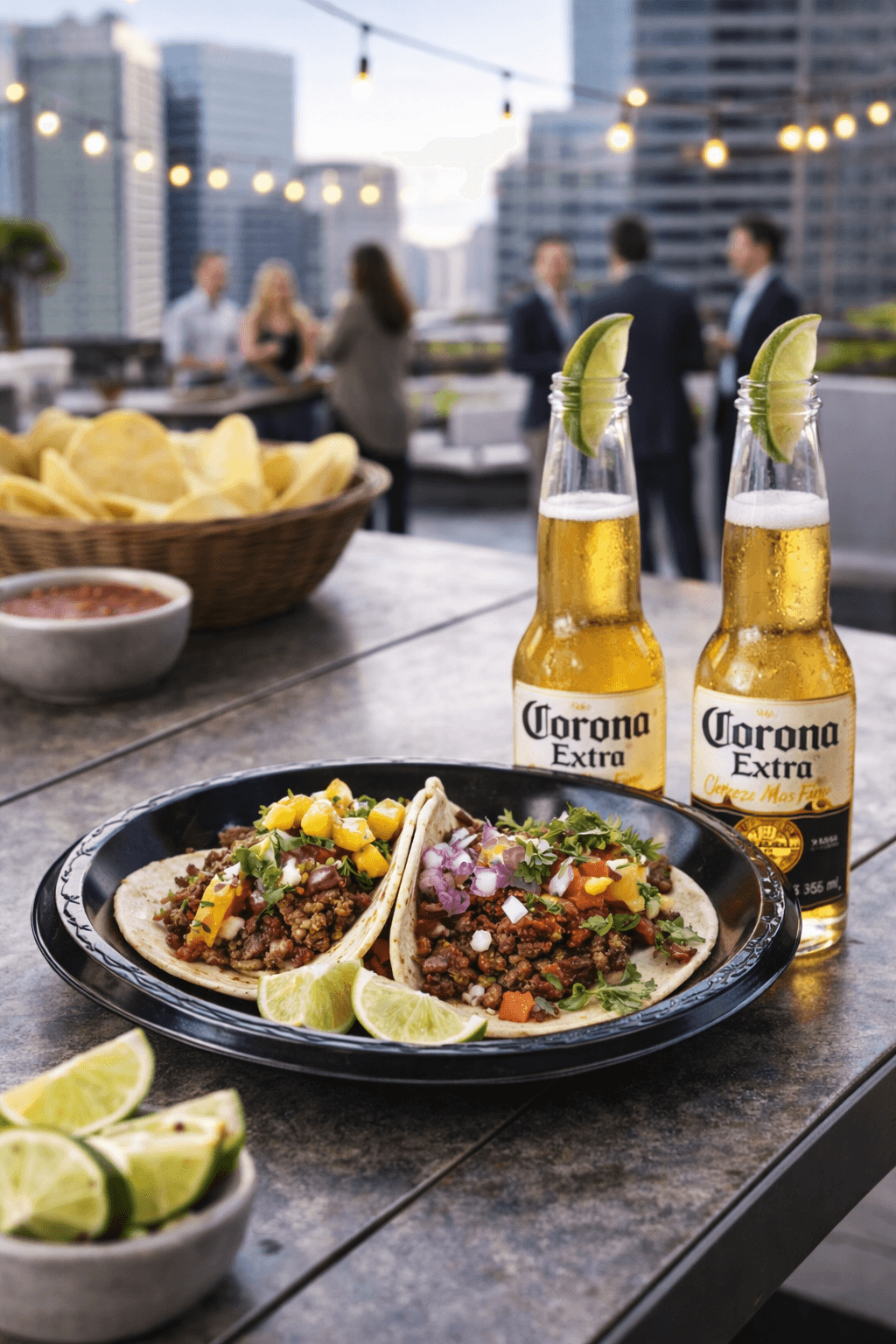 Tacos and drinks on a rooftop at sunset