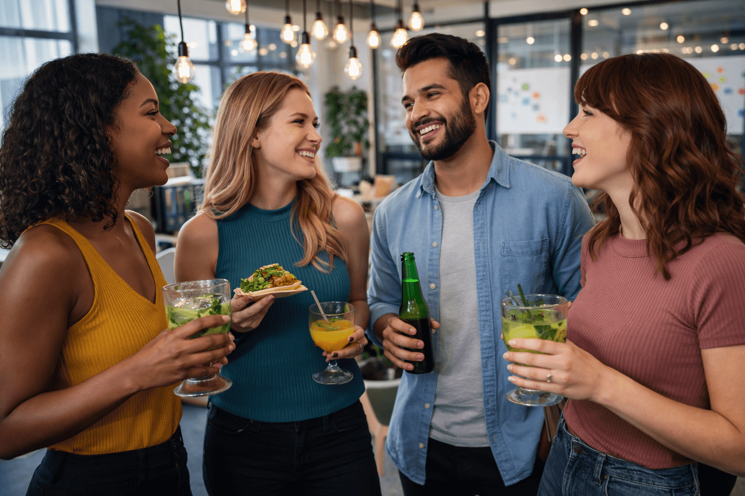 Coworkers laughing with cocktails and tacos at an office happy hour