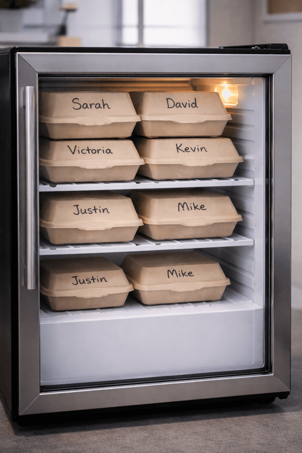 Labeled Baja meals stocked in an office fridge